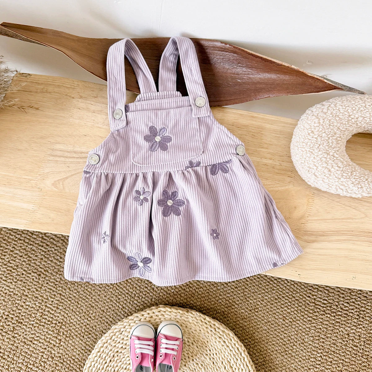 Baby Girl Denim Embroidered Dress – Floral Strap Skirt One-Piece Summer Outfit (1–2 Years)