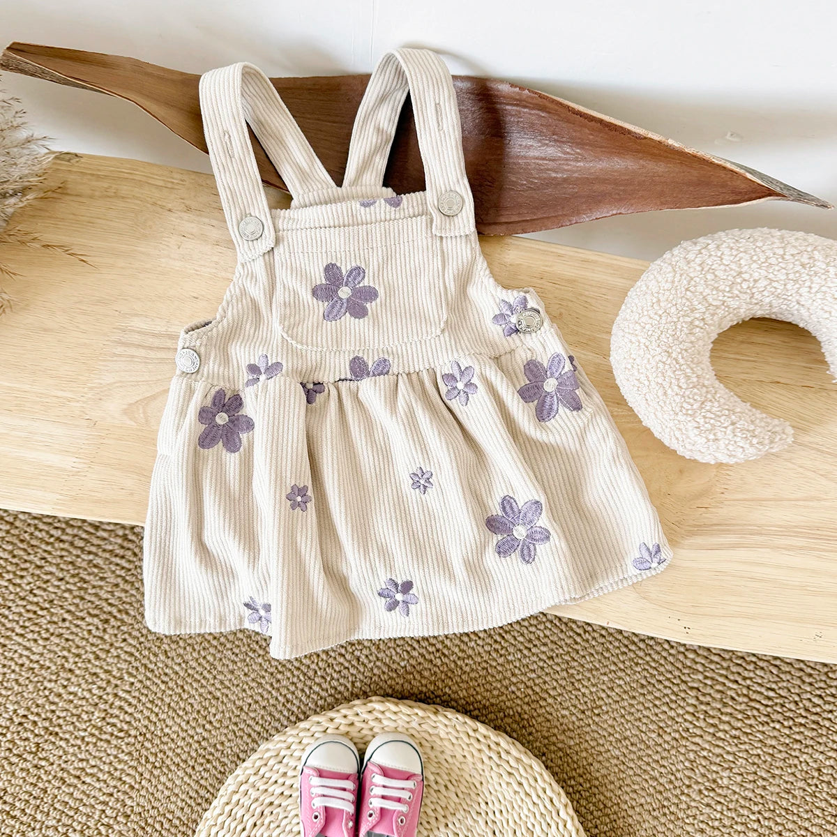 Baby Girl Denim Embroidered Dress – Floral Strap Skirt One-Piece Summer Outfit (1–2 Years)