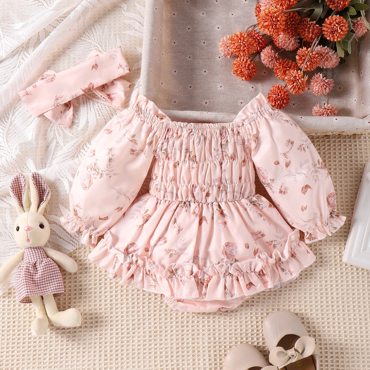 2PCS Spring And Autumn 0-1 Year Old Girl Baby Sweet And Cute Apricot Long-Sleeved Floral Skirt Hat + Hair Band Set