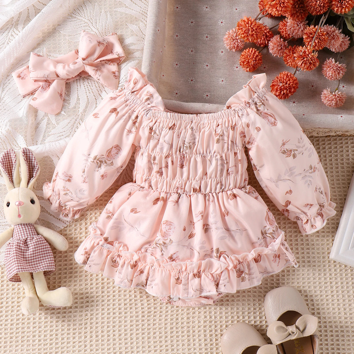 2PCS Spring And Autumn 0-1 Year Old Girl Baby Sweet And Cute Apricot Long-Sleeved Floral Skirt Hat + Hair Band Set