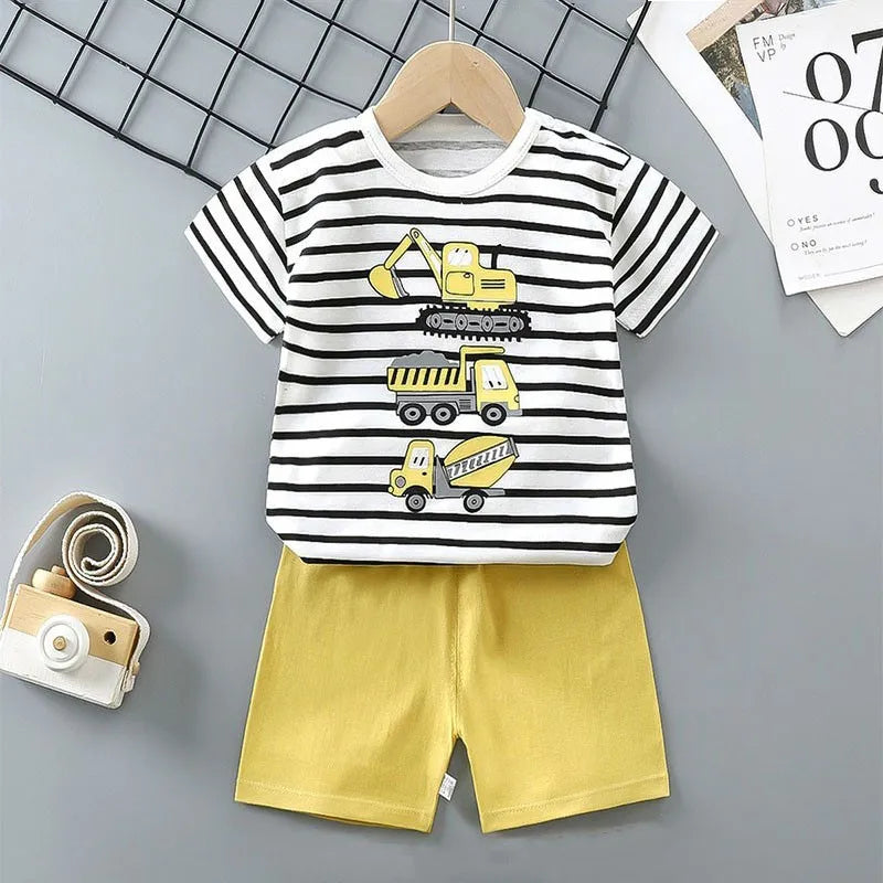 Cotton Tees+Shorts 2-piece Tracksuit Set Kid Cartoon Zebra Dinosaur Print Summer Suit Children Boys Girls Baby 1-6 Years Clothes