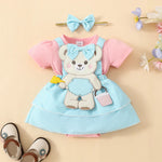 Cartoon Bear Embroidered Baby Romper Set – Summer Jumpsuit & Headband Outfit for Girls (0–18 Months)