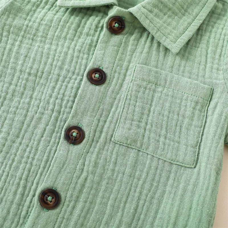 Cotton Linen Casual Toddler Baby Boys Summer Outfits Solid Short Sleeve Pocket Button Down Lapel Shirt + Shorts 2PCS Clothes Set