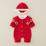 Knitted Patchwork Baby Romper with Hat – Embroidered Long Jumpsuit for Girls (1–3 Years)