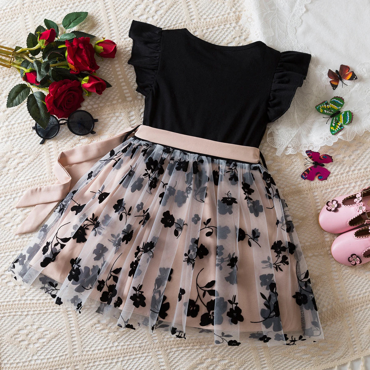 Black Rose Flower Dress for Girls 3 to 8 Years Summer Casual Girl Clothes Ruffles Tulle Elegant Princess Birthday Party Dress