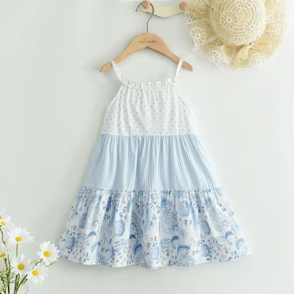 Summer Girls' Clothing Polka Dot Striped Flower Patch Vest Skirt Girls' Fashion Dress 3-7 Years Old Girls Clothes Kids Clothes