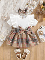 Baby Girl Summer Fashion Cute Casual Round Neck Ruffle Lace Decoration Short Sleeved Waist Large Bow Plaid Splicing Design