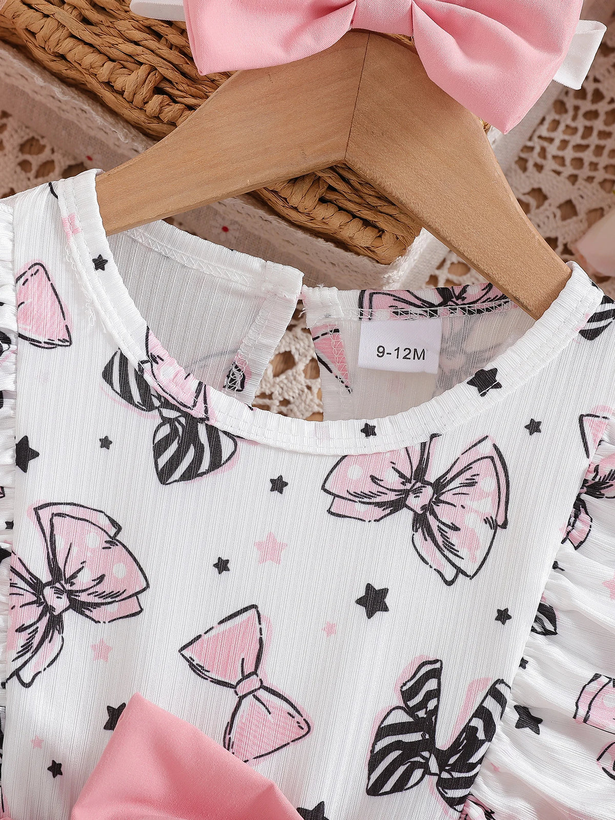 Baby Girl Cute Summer Round Neck Cartoon Bow Pattern Short Sleeved Pleated Fake Two-Piece Set Spliced Dress And Headband