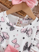 Baby Girl Cute Summer Round Neck Cartoon Bow Pattern Short Sleeved Pleated Fake Two-Piece Set Spliced Dress And Headband