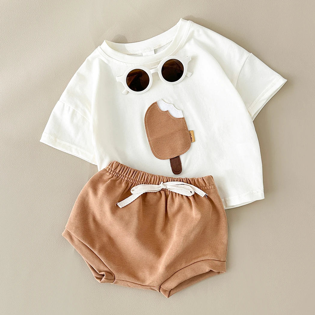 Newborn Summer Baby Children Clothing Set Boy Girl 2PCS Ice Cream Patch T-shirt+Triangle Shorts Cotton Infant Suit Kids 0-3Y