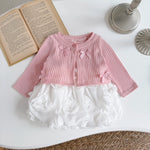 Baby Girl 3D Rose Knit Set – Pink Knitted Top & Beige Puff Skirt Outfit for Autumn (0–3 Years)