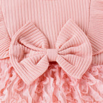 2PCS Autumn 0-1 Year Old Girl Baby Sweet And Cute Round Collar, Pit Strip, Flower Skirt, Long-Sleeved Suit + Bow Hair Band