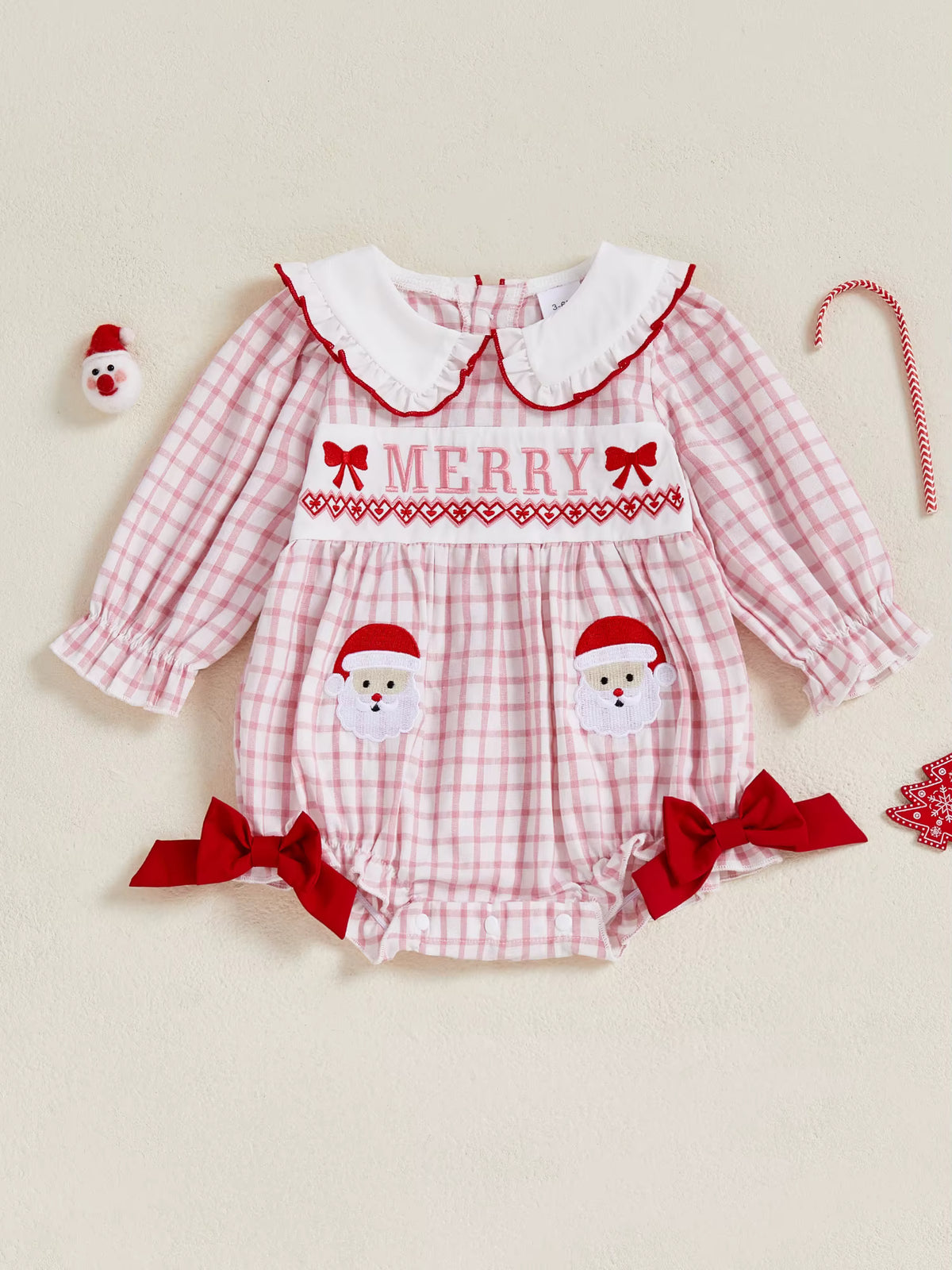 Christmas Baby Romper – Long Sleeve Bubble Bodysuit with Santa Embroidery & Doll Collar | Newborn Winter Outfit