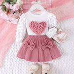 2PCS Winter New Style For 0-3 Year Old Girls, Comfortable Sweet And Cute Bubble Sleeves, Love Chapter Top + Pink Short Skirt Set