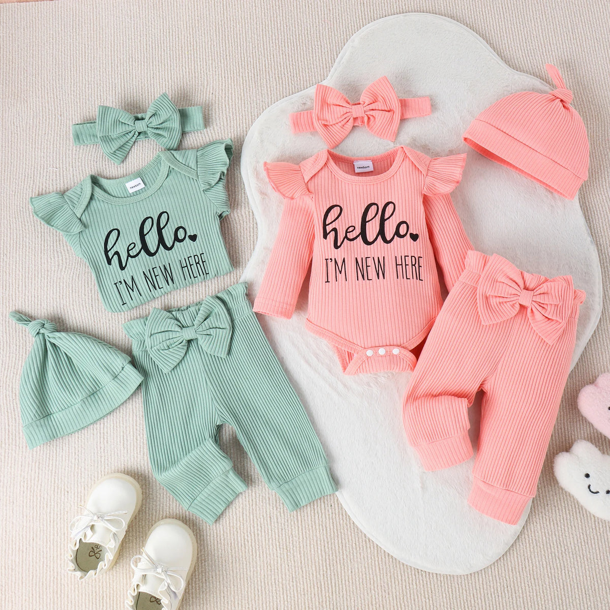 4PCS Summer 0-1 Year Old Cute Fashion Trend Comfortable Soft Baby Heeeoim New Here Cratered Striped Printed Long Sleeve Set