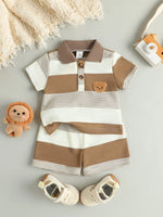 Children’s Summer New Arrival Boys’ Regular Striped Teddy Bear Short T-Shirt and Shorts Casual Sport Two-Piece Set