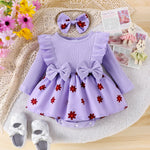 Autumn New Style, Sweet And Cute, Bow Bow, Pit Strip, Flower Print, Round Collar Dress + Same Headband