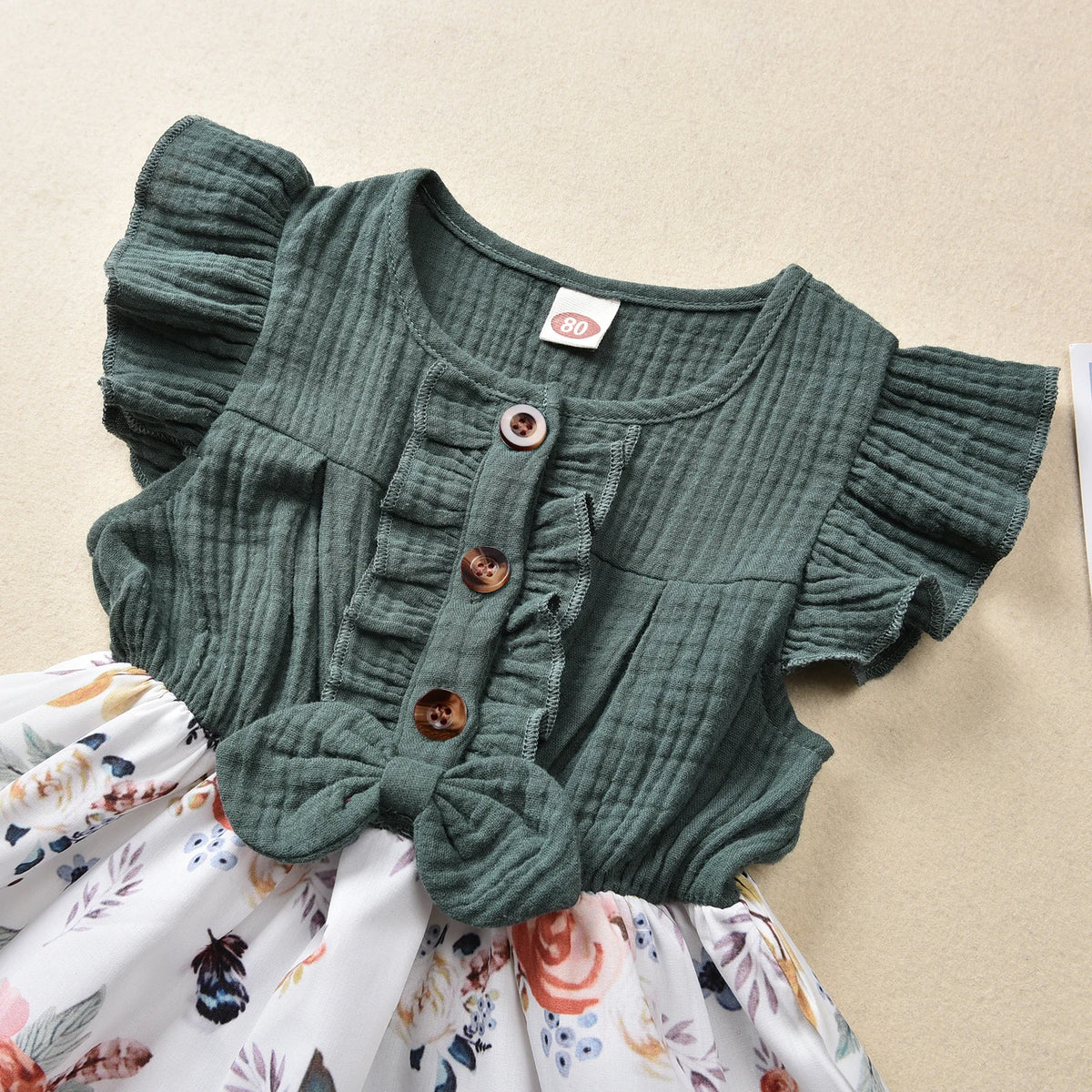 Citgeett Summer 1-5Years Baby Girls Dress Bowknot Flowers Print Ruffles Sleeve Knee Patchwork Length A-Line Dress