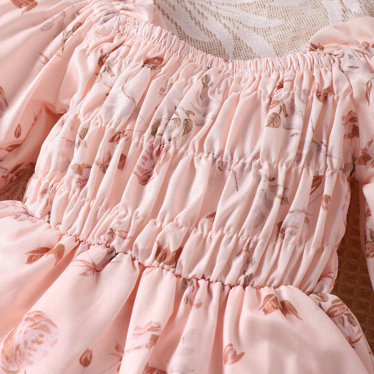 2PCS Spring And Autumn 0-1 Year Old Girl Baby Sweet And Cute Apricot Long-Sleeved Floral Skirt Hat + Hair Band Set