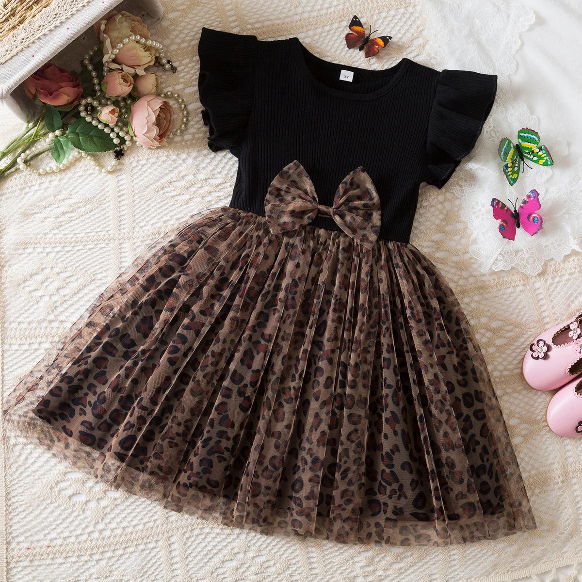 Black Rose Flower Dress for Girls 3 to 8 Years Summer Casual Girl Clothes Ruffles Tulle Elegant Princess Birthday Party Dress