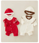 Knitted Patchwork Baby Romper with Hat – Embroidered Long Jumpsuit for Girls (1–3 Years)