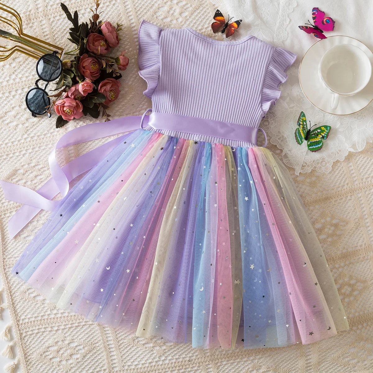 New Girls Dress for Sequins Birthday 1-5Y Toddler Girls Rainbow Tulle Dress Sweet Kids Princess Dress for Girls 2025 Summer Wear