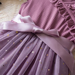 New Children's Dress for 3-8 Yrs Summer Dress Lotus Leaf Edge Design Bow Lace Up Star Sequin SweetTulle Kids Dresses for Girls