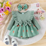Autumn New Style, Sweet And Cute, Bow Bow, Pit Strip, Flower Print, Round Collar Dress + Same Headband