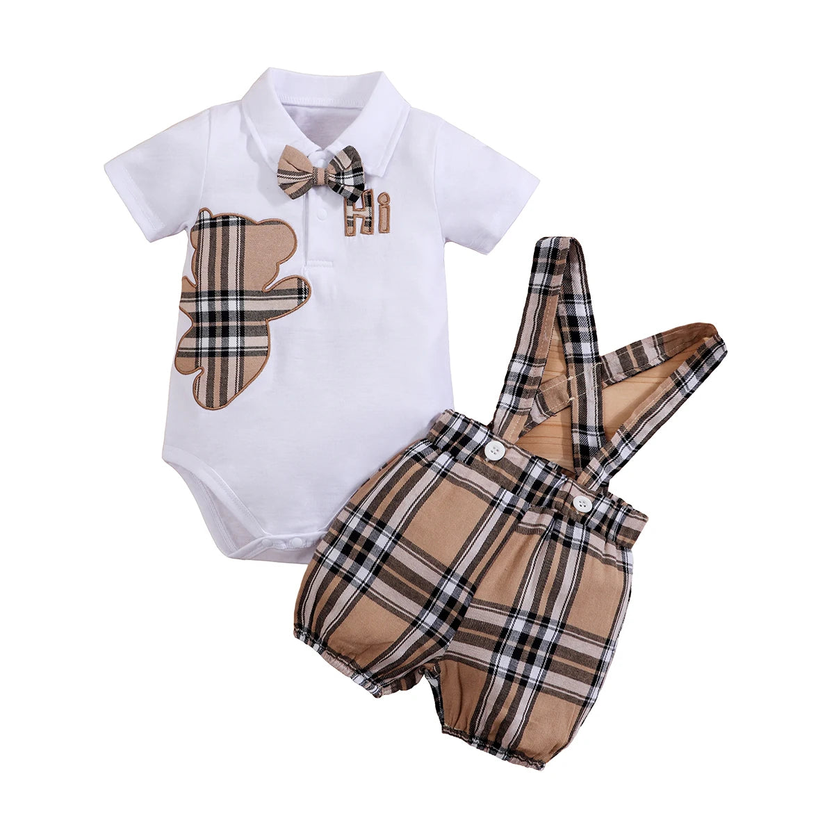 2PCS IURNXB Baby Clothes Sets Short Sleeve Boys Infant Plaid Bear Bodysuit+Suspenders Trousers Set Overall Newborn Outfits 1-18M