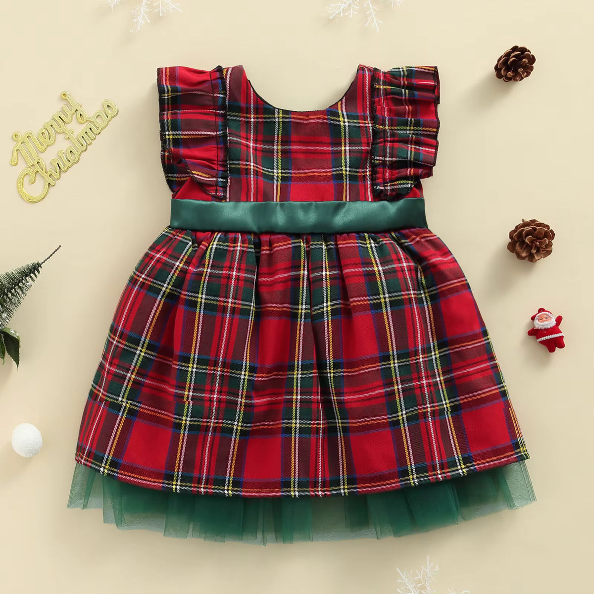 Toddler Girl Christmas Plaid Dress with Bow – Ruffle Sleeve A-Line Holiday Outfit (6M–6T)