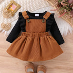 2PCS Autumn New Style For 0-1 Year Old Girls, Comfortable Simple And Fashionable Long-Sleeved Suit + Coffee Strap Skirt
