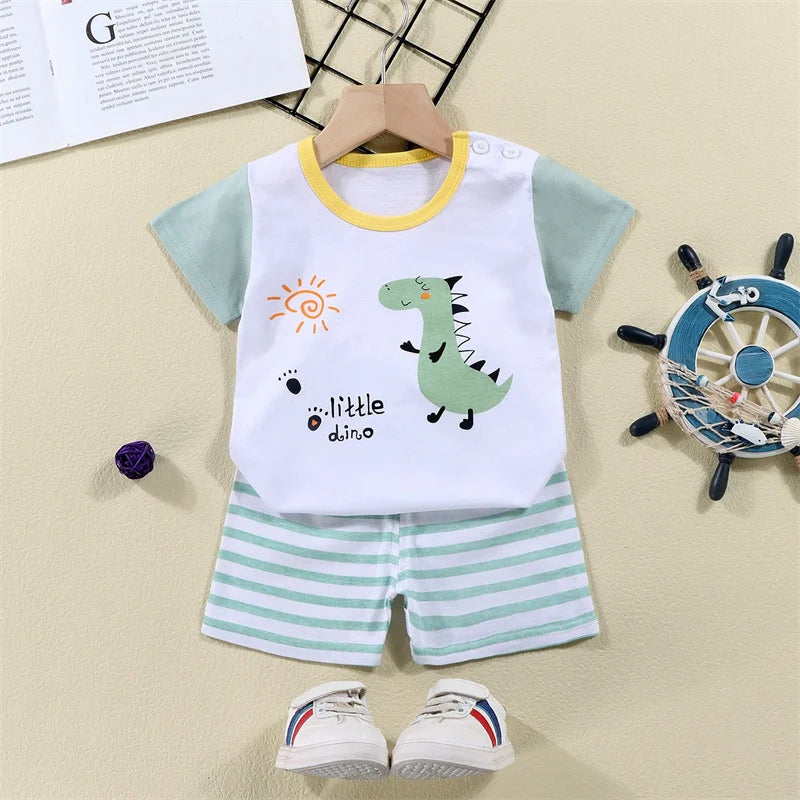 Cotton Tees+Shorts 2-piece Tracksuit Set Kid Cartoon Zebra Dinosaur Print Summer Suit Children Boys Girls Baby 1-6 Years Clothes