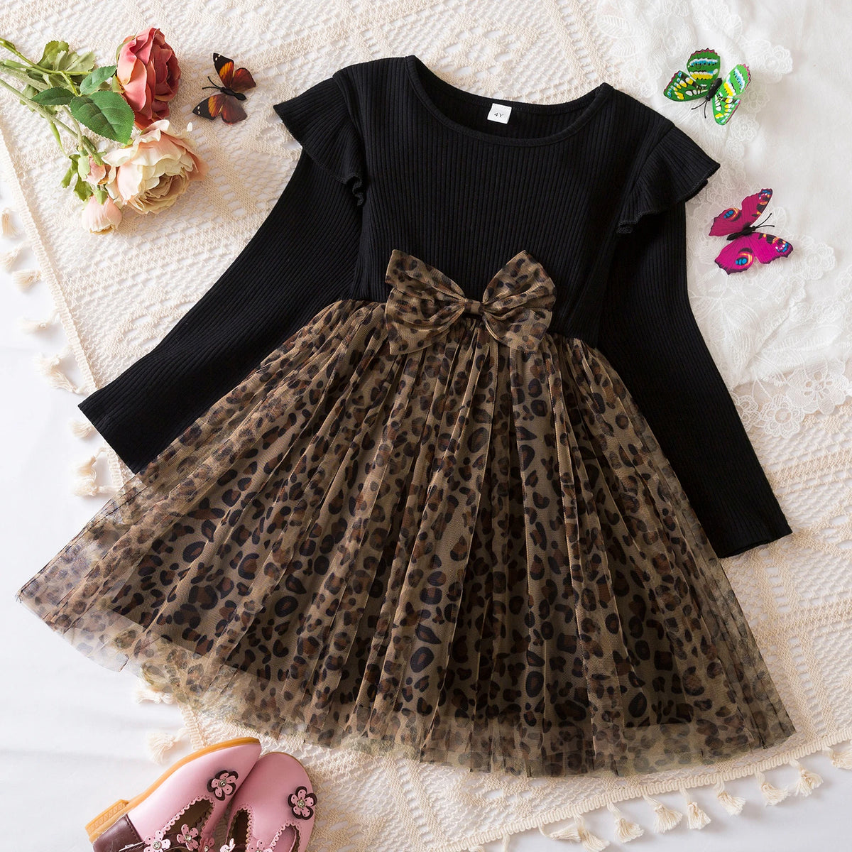 Black Rose Flower Dress for Girls 3 to 8 Years Summer Casual Girl Clothes Ruffles Tulle Elegant Princess Birthday Party Dress