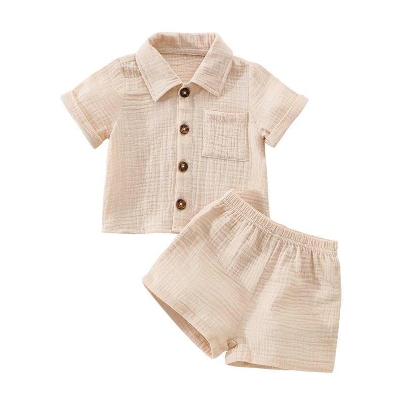 Cotton Linen Casual Toddler Baby Boys Summer Outfits Solid Short Sleeve Pocket Button Down Lapel Shirt + Shorts 2PCS Clothes Set
