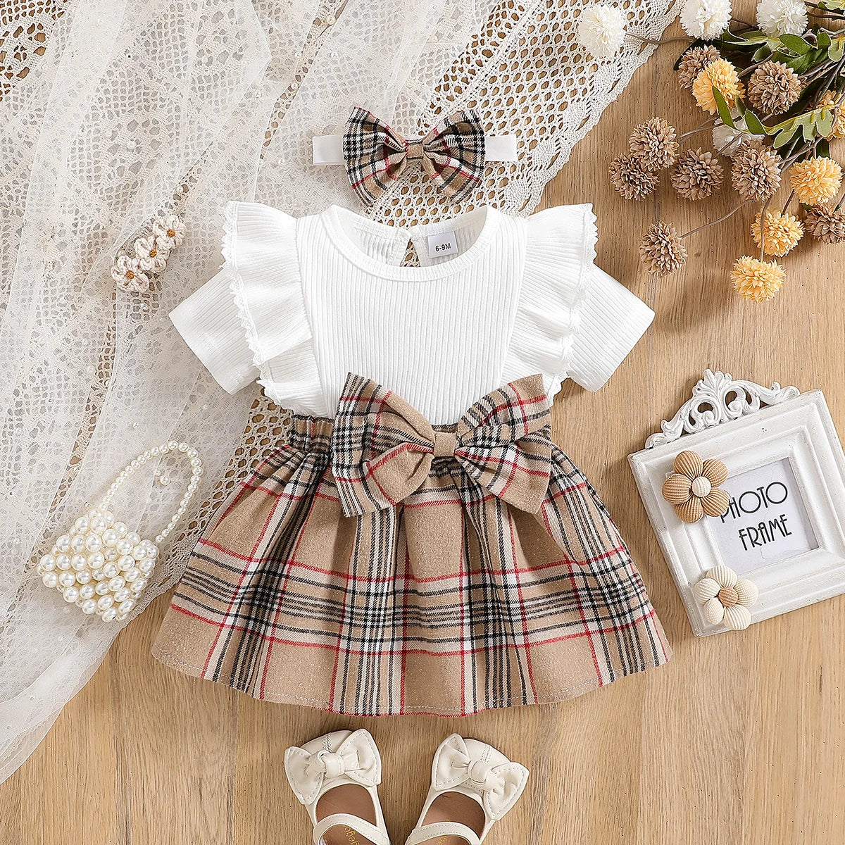 Baby Girl Summer Fashion Cute Casual Round Neck Ruffle Lace Decoration Short Sleeved Waist Large Bow Plaid Splicing Design