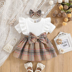 Baby Girl Summer Fashion Cute Casual Round Neck Ruffle Lace Decoration Short Sleeved Waist Large Bow Plaid Splicing Design