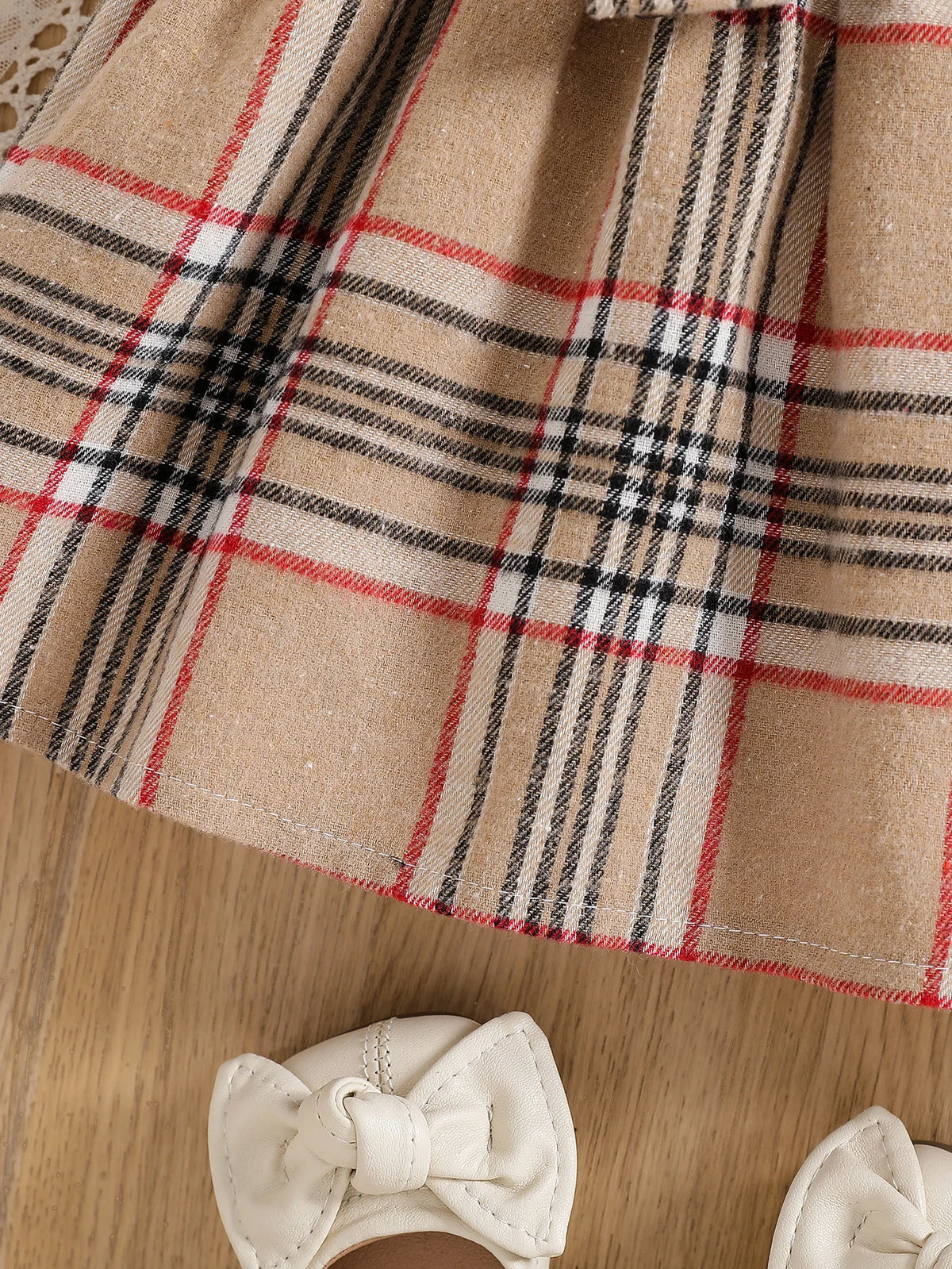 Baby Girl Summer Fashion Cute Casual Round Neck Ruffle Lace Decoration Short Sleeved Waist Large Bow Plaid Splicing Design