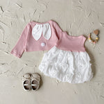 Baby Girl 3D Rose Knit Set – Pink Knitted Top & Beige Puff Skirt Outfit for Autumn (0–3 Years)