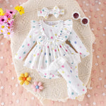 3PCS Autumn New Style 0-1 Year Old Newborn Girl Baby Sweet And Cute Printed Long-Sleeved Clothes + Socks Hair Bands