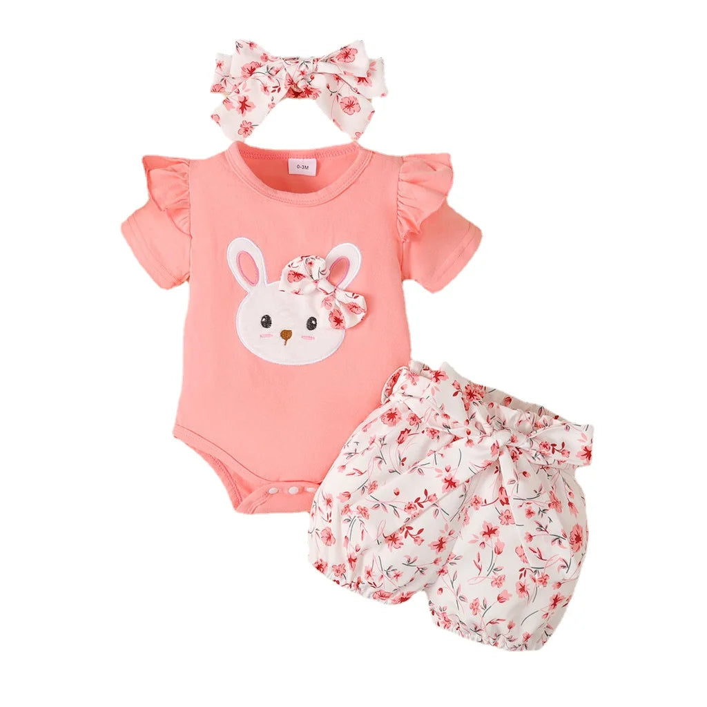 3PCS Baby Girl Clothes Outfits for 0-18 Months Ruffled Sleeve Lovely Rabbit Bodysuit+Flower Shorts+Headband Summer Casual Wear