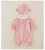 Knitted Patchwork Baby Romper with Hat – Embroidered Long Jumpsuit for Girls (1–3 Years)