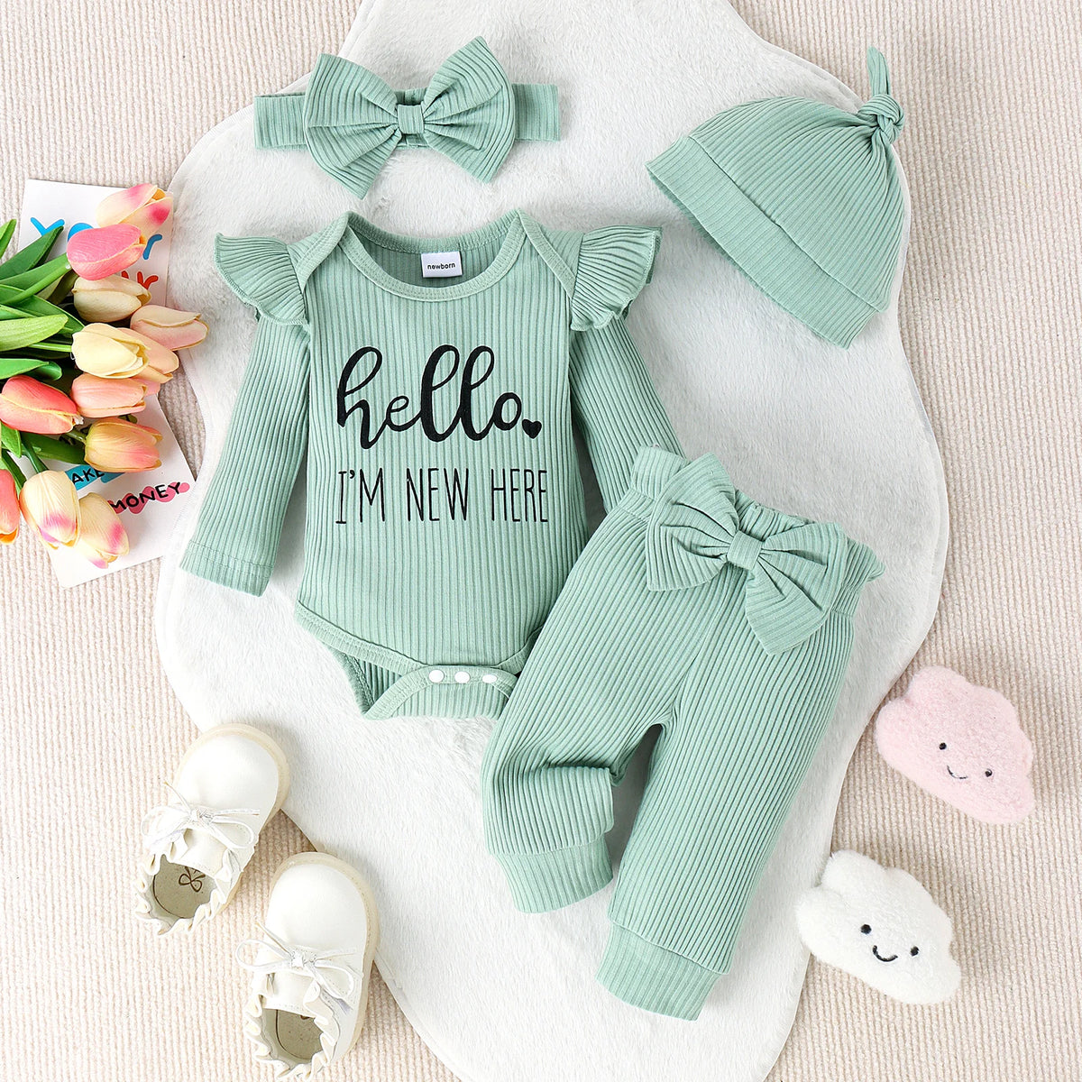 4PCS Summer 0-1 Year Old Cute Fashion Trend Comfortable Soft Baby Heeeoim New Here Cratered Striped Printed Long Sleeve Set