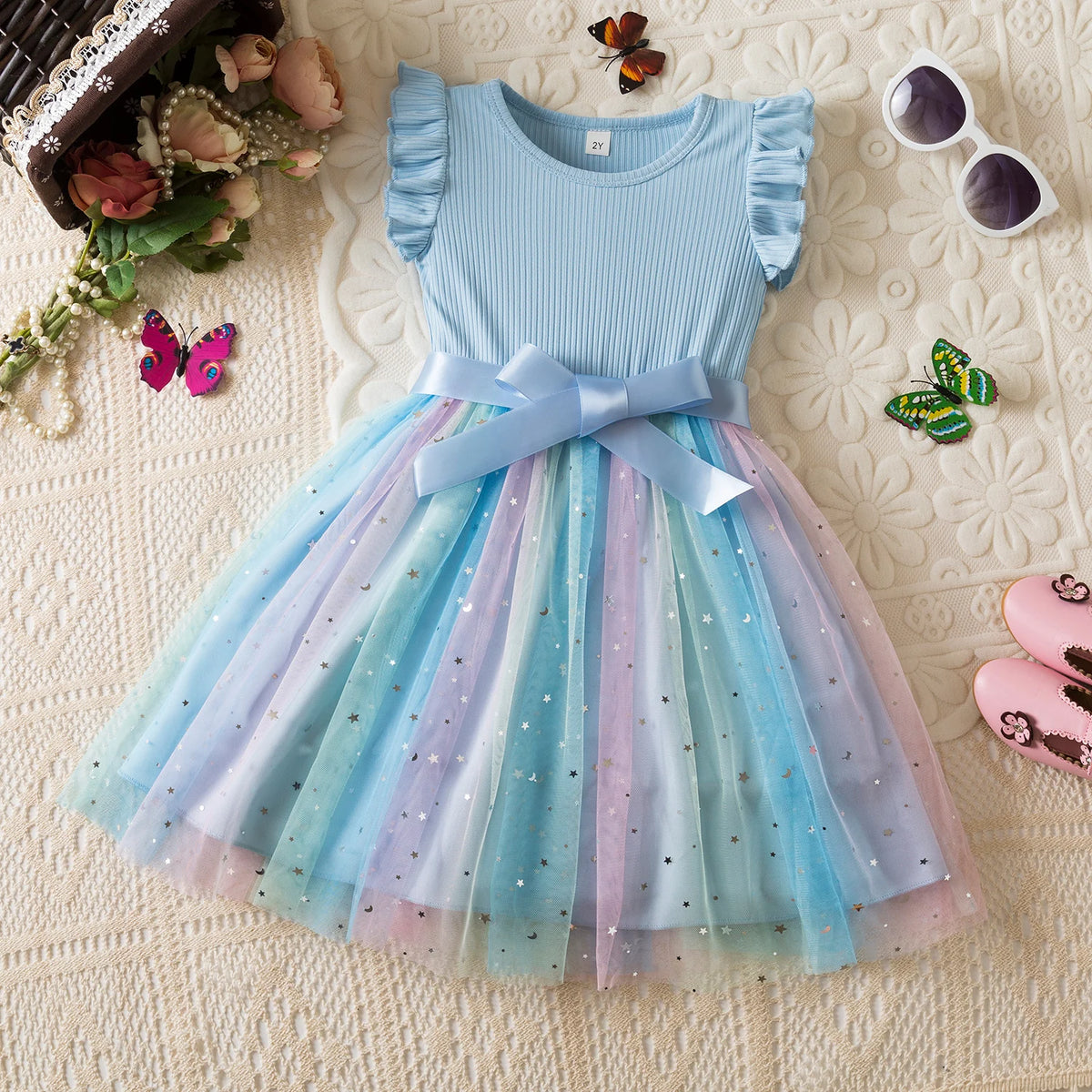 New Girls Dress for Sequins Birthday 1-5Y Toddler Girls Rainbow Tulle Dress Sweet Kids Princess Dress for Girls 2025 Summer Wear