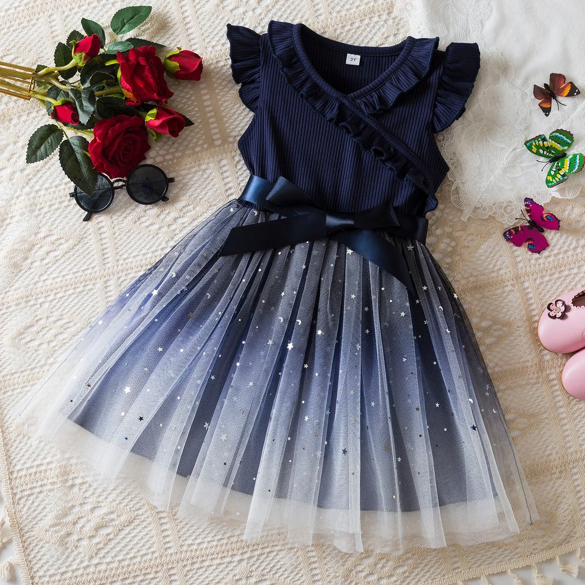 New Children's Dress for 3-8 Yrs Summer Dress Lotus Leaf Edge Design Bow Lace Up Star Sequin SweetTulle Kids Dresses for Girls