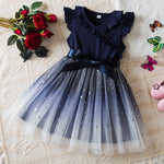 New Children's Dress for 3-8 Yrs Summer Dress Lotus Leaf Edge Design Bow Lace Up Star Sequin SweetTulle Kids Dresses for Girls