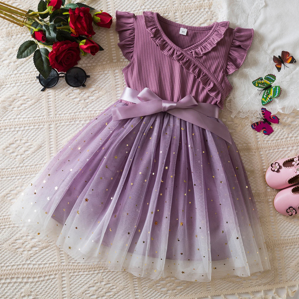 New Children's Dress for 3-8 Yrs Summer Dress Lotus Leaf Edge Design Bow Lace Up Star Sequin SweetTulle Kids Dresses for Girls
