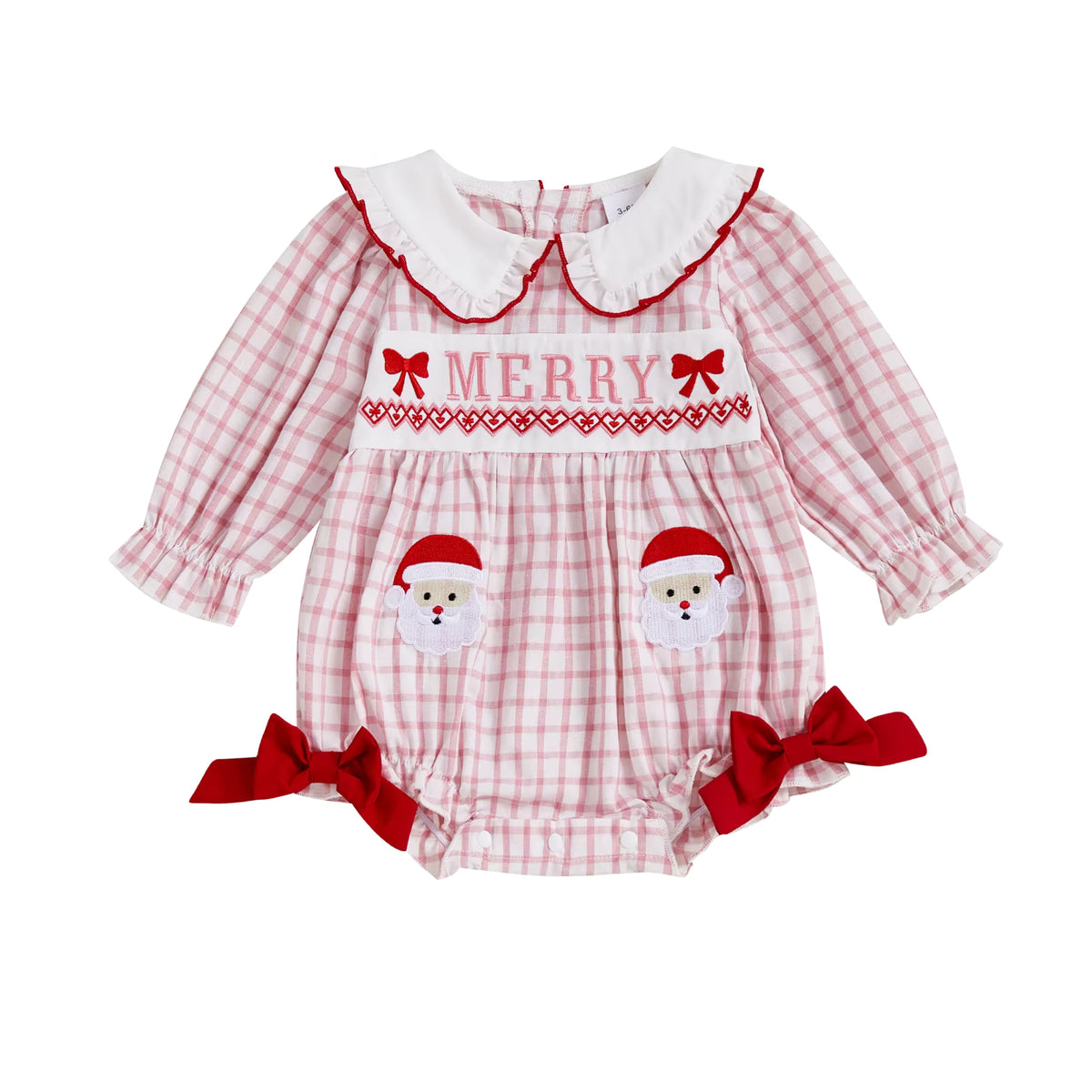 Christmas Baby Romper – Long Sleeve Bubble Bodysuit with Santa Embroidery & Doll Collar | Newborn Winter Outfit