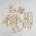 Floral Jacquard Knit Baby Set – 4PCS Autumn & Winter Outfit with Coat, Pants, Hat & Socks (1–3 Years)