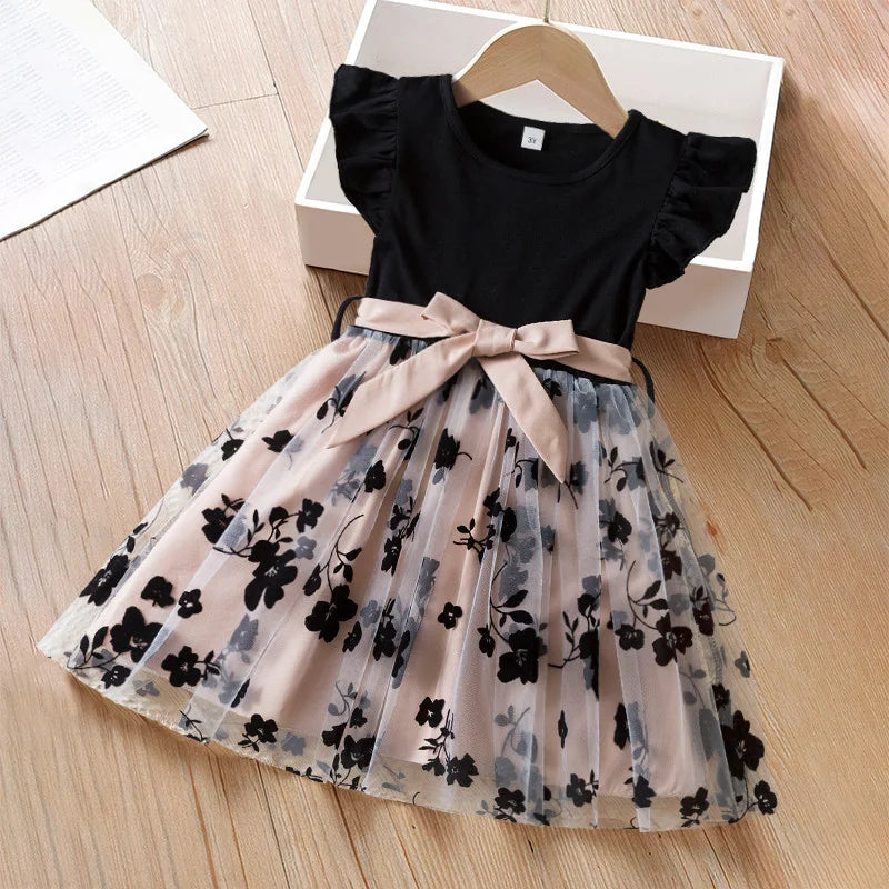 Black Rose Flower Dress for Girls 3 to 8 Years Summer Casual Girl Clothes Ruffles Tulle Elegant Princess Birthday Party Dress