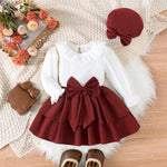 3PCS Autumn 0-3 Speed Girls And Babies Have Comfortable Foreign Style And Sweet Solid Color Lace Collar Top + Skirt + Hat Set